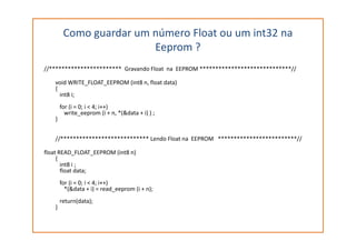 Como guardar um número Float ou um int32 na
Eeprom ?
//*********************** Gravando Float na EEPROM *****************************//
void WRITE_FLOAT_EEPROM (int8 n, float data)
{
int8 i;
for (i = 0; i < 4; i++)
write_eeprom (i + n, *(&data + i) ) ;
}
//**************************** Lendo Float na EEPROM *************************//
float READ_FLOAT_EEPROM (int8 n)
{
int8 i ;
float data;
for (i = 0; i < 4; i++)
*(&data + i) = read_eeprom (i + n);
return(data);
}
 