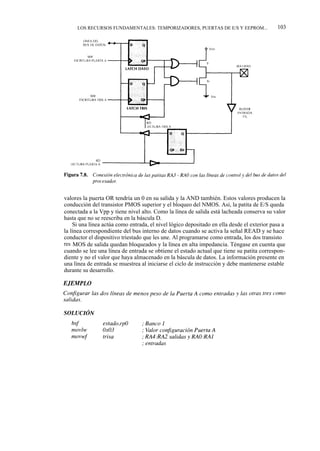 LOS RECURSOS FUNDAMENTALES: TEMPORIZADORES, PUERTAS DE E/S Y EEPROM...                 103




valores la puerta OR tendría un 0 en su salida y la AND también. Estos valores producen la
conducción del transistor PMOS superior y el bloqueo del NMOS. Así, la patita de E/S queda
conectada a la Vpp y tiene nivel alto. Como la línea de salida está lacheada conserva su valor
hasta que no se reescriba en la báscula D.
    Si una línea actúa como entrada, el nivel lógico depositado en ella desde el exterior pasa a
la línea correspondiente del bus interno de datos cuando se activa la señal READ y se hace
conductor el dispositivo triestado que les une. Al programarse como entrada, los dos transisto
res MOS de salida quedan bloqueados y la línea en alta impedancia. Téngase en cuenta que
cuando se lee una línea de entrada se obtiene el estado actual que tiene su patita correspon-
diente y no el valor que haya almacenado en la báscula de datos. La información presente en
una línea de entrada se muestrea al iniciarse el ciclo de instrucción y debe mantenerse estable
durante su desarrollo.
 