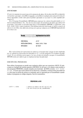 162     MICROCONTROLADORES «PIC». DISEÑO PRÁCTICO DE APLICACIONES




EDICIÓN DEL PROGRAMA

Para editar el programa se puede usar cualquier editor que use caracteres ASCII. El más
a mano es el propio del sistema operativo MS-DOS. En tal caso y si le damos como nombre a
este programa PRIMERO, estando situados con el prompt del DOS se teclea: EDIT PRIME-
RO.ASM. El texto que existe detrás de las directivas, comandos e instrucciones precedido de
«;» sólo tiene la misión de aclarar su contenido, pero es ignorado por el Ensamblador cuando
traduce el programa en código máquina. Son los comentarios.
 