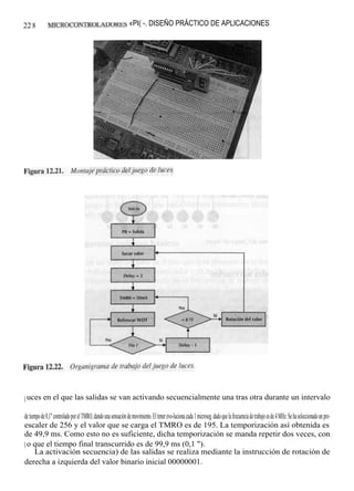 22 8          MICROCONTROLADORES «PI( -. DISEÑO PRÁCTICO DE APLICACIONES




l uces en el que las salidas se van activando secuencialmente una tras otra durante un intervalo

de tiempo de 0,1" controlado por el TMRO, dando una sensación de movimiento. El timer evo-luciona cada 1 microseg. dado que la frecuencia de trabajo es de 4 MHz. Se ha seleccionado un pre-
escaler de 256 y el valor que se carga el TMRO es de 195. La temporización así obtenida es
de 49,9 ms. Como esto no es suficiente, dicha temporización se manda repetir dos veces, con
l o que el tiempo final transcurrido es de 99,9 ms (0,1 ").
      La activación secuencia) de las salidas se realiza mediante la instrucción de rotación de
derecha a izquierda del valor binario inicial 00000001.
 