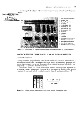 APÉNDICE F - PROYECTOS CON EL PIC 161`84       281

   En la fotografía de la Figura F.1 se muestran los componentes utilizados en los Proyectos
Básicos.




Enunciado y objetivos
Es muy usual tener que gobernar una carga (motor, lámpara, etc.) desde dos puntos situados a
cierta distancia entre ellos. Por todos es conocido el control de una lámpara (L) en una sala,
que al disponer de dos puertas muy distantes, se desea encenderla o apagarla desde dos inte-
rruptores (11 e 12) situados al lado de las puertas.
    Inicialmente, cuando 11 e 12 están abiertos (0) la lámpara L está apagada (0). A partir de es-
ta situación, cada vez que cambia de estado uno de los interruptores, la lámpara cambia también
su estado. Se muestra la tabla de verdad y la ecuación lógica de la salida en la Figura F.2.
 