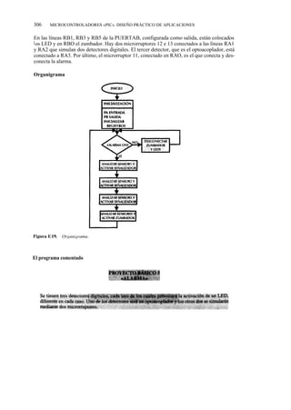 306    MICROCONTROLADORES «PIC». DISEÑO PRÁCTICO DE APLICACIONES


En las líneas RB1, RB3 y RB5 de la PUERTAB, configurada como salida, están colocados
l os LED y en RBO el zumbador. Hay dos microrruptores 12 e 13 conectados a las líneas RA1
y RA2 que simulan dos detectores digitales. El tercer detector, que es el optoacoplador, está
conectado a RA3. Por último, el microrruptor 11, conectado en RAO, es el que conecta y des-
conecta la alarma.

Organigrama




El programa comentado
 