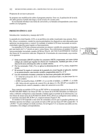 322    MICROCONTROLADORES «PIC». DISEÑO PRÁCTICO DE APLICACIONES


Propuesta de un nuevo proyecto

Se propone una modificación sobre el programa anterior. Esta vez, la pulsación de la tecla
«0» debe generar el pitido más largo y la de la tecla «F» el más corto.
   Se recomienda introducir una rutina de conversión y su llamada correspondiente como único
cambio en el programa.




Introducción: instalación y manejo del LCD

La pantalla de cristal líquido, LCD, es un periférico de salida visualizador muy potente, flexi-
ble, eficaz y económico, siendo los microcontroladores los dispositivos más adecuados para
optimizar sus prestaciones y control. En realidad, el módulo LCD tiene incrustado un micro-
controlador específico para regular su funcionamiento.
   Las pantallas LCD más comunes presentan un número variable de caracteres formados
por una matriz de 5 x 7 pixels en una o varias líneas. Nos referiremos al módulo LCD con
microcontrolador incrustado, modelo 44780 de Hitachi, que tiene la posibilidad de visualizar
dos líneas de 16 caracteres cada una. Dispone de 14 terminales de conexionado, cuya misión
es la siguiente:




   Para controlar un módulo LCD con un PIC16F84 se recomienda conectar las líneas de la
PUERTAB (RB7-RB0) a las líneas D7-D0. Las líneas de la PUERTAB deben ser bidireccio-
nales y deberán configurarse como Entrada o Salida según el sentido de la información. Las
tres líneas de menos peso de la PUERTAA (RAO, RAl y RA2) se configuran como salidas y
se conectan a las líneas RS, R/W# y E, respectivamente (Figura F.30).
    El módulo LCD responde a una serie de comandos con los que se pueden gobernar sus
distintas opciones de trabajo y que puede enviarle el PIC por las líneas D7-DO cuando RS = 0
y R/W# = 0, para trabajar en modo escritura. En la Figura F.31 se muestra una tabla con los
comandos y los códigos correspondientes.
 