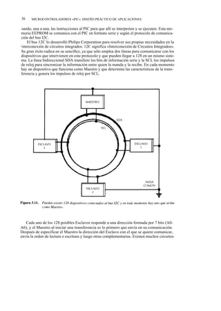36    MICROCONTROLADORES «PIC». DISEÑO PRÁCTICO DE APLICACIONES

 sando, una a una, las instrucciones al PIC para que allí se interpreten y se ejecuten. Esta me-
moria EEPROM se comunica con el PIC en formato serie y según el protocolo de comunica-
ción del bus I2C.
     El bus 12C lo desarrolló Philips Corporation para resolver sus propias necesidades en la
i nterconexión de circuitos integrados. 12C significa «Interconexión de Circuitos Integrados».
Su gran éxito radica en su sencillez, ya que sólo emplea dos líneas para comunicarse con los
dispositivos que intervienen en este protocolo y que pueden llegar a 128 en un mismo siste-
ma. La línea bidireccional SDA transfiere los bits de información serie y la SCL los impulsos
de reloj para sincronizar la información entre quien la manda y la recibe. En cada momento
hay un dispositivo que funciona como Maestro y que determina las características de la trans-
ferencia y genera los impulsos de reloj por SCL.




   Cada uno de los 128 posibles Esclavos responde a una dirección formada por 7 bits (A0-
A6), y el Maestro al iniciar una transferencia es lo primero que envía en su comunicación.
Después de especificar el Maestro la dirección del Esclavo con el que se quiere comunicar,
envía la orden de lectura o escritura y luego otras complementarias. Existen muchos circuitos
 
