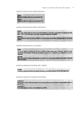 PBASIC: EL LENGUAJE MÁS FÁCIL DEL MUNDO   51

INSTRUCCIONES DE EIS SERIE SÍNCRONA




INSTRUCCIONES DE EIS SERIE ASÍNCRONA




INSTRUCCIONES DE EIS ANALÓGICA




INSTRUCCIONES DE CONTROL DEL TIEMPO




INSTRUCCIONES DE CONTROL DE SONIDO
 