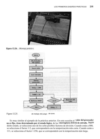 LOS PRIMEROS DISEÑOS PRÁCTICOS   2.31




Figura 12.25.   Organigrama   de trabajo del juego de luces.



   Es muy similar al ejemplo de la práctica anterior. En esta ocasión el valor del preescaler
no es fijo, viene determinado por el estado lógico de los i nterruptores EO-E2 de entrada. Según
dicho estado, se selecciona uno de los ocho posibles factores de división. Cuando están a 000,
se selecciona el factor 1:2, que corresponderá con la temporización más corta. Cuando están a
111, se selecciona el factor 1:256, que se corresponderá con la temporización más larga.
 