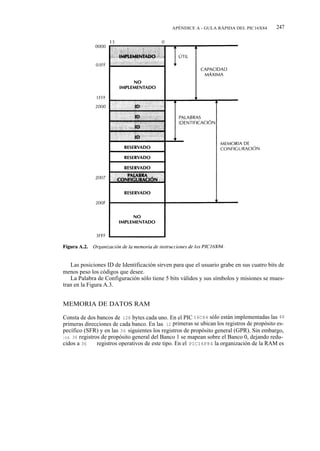 APÉNDICE A - GULA RÁPIDA DEL PIC16X84        247




   Las posiciones ID de Identificación sirven para que el usuario grabe en sus cuatro bits de
menos peso los códigos que desee.
   La Palabra de Configuración sólo tiene 5 bits válidos y sus símbolos y misiones se mues-
tran en la Figura A.3.


MEMORIA DE DATOS RAM

Consta de dos bancos de 128 bytes cada uno. En el PIC 16C84 sólo están implementadas las 48
primeras direcciones de cada banco. En las 12 primeras se ubican los registros de propósito es-
pecífico (SFR) y en las 36 siguientes los registros de propósito general (GPR). Sin embargo,
l os 36 registros de propósito general del Banco 1 se mapean sobre el Banco 0, dejando redu-
cidos a 36 los registros operativos de este tipo. En el PIC16F84 la organización de la RAM es
 