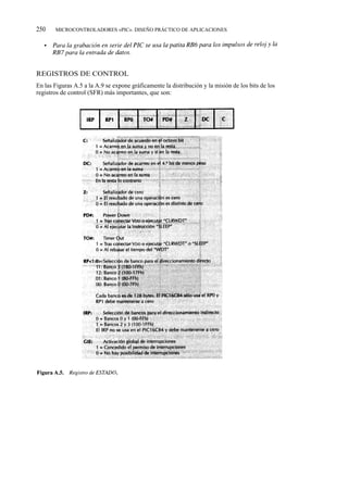250    MICROCONTROLADORES «PIC». DISEÑO PRÁCTICO DE APLICACIONES




REGISTROS DE CONTROL
En las Figuras A.5 a la A.9 se expone gráficamente la distribución y la misión de los bits de los
registros de control (SFR) más importantes, que son:
 
