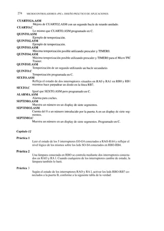 274    MICROCONTROLADORES «PIC». DISEÑO PRÁCTICO DE APLICACIONES




             Leer el estado de los 5 interruptores EO-E4 conectados a RAO-RA4 y reflejar el
             nivel lógico de los mismos sobre los leds SO-S4 conectados en RBO-RB4.


             Una lámpara conectada en RBO se controla mediante dos interruptores conecta-
             dos en RAO y RA l. Cuando cualquiera de los interruptores cambie de estado, la
             lámpara también lo hará.

Práctica 3
             Según el estado de los interruptores RAO y RA l, activar los leds RBO-RB7 co-
             nectados a la puerta B, conforme a la siguiente tabla de la verdad:
 