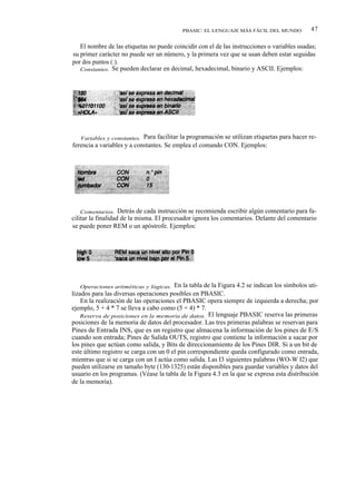 PBASIC: EL LENGUAJE MÁS FÁCIL DEL MUNDO            47

   El nombre de las etiquetas no puede coincidir con el de las instrucciones o variables usadas;
su primer carácter no puede ser un número, y la primera vez que se usan deben estar seguidas
por dos puntos (:).
   Constantes. Se pueden declarar en decimal, hexadecimal, binario y ASCII. Ejemplos:




   Variables y constantes. Para facilitar la programación se utilizan etiquetas para hacer re-
ferencia a variables y a constantes. Se emplea el comando CON. Ejemplos:




    Comentarios. Detrás de cada instrucción se recomienda escribir algún comentario para fa-
cilitar la finalidad de la misma. El procesador ignora los comentarios. Delante del comentario
se puede poner REM o un apóstrofe. Ejemplos:




    Operaciones aritméticas y lógicas. En la tabla de la Figura 4.2 se indican los símbolos uti-
lizados para las diversas operaciones posibles en PBASIC.
    En la realización de las operaciones el PBASIC opera siempre de izquierda a derecha; por
ejemplo, 5 + 4 * 7 se lleva a cabo como (5 + 4) * 7.
   Reserva de posiciones en la memoria de datos. El lenguaje PBASIC reserva las primeras
posiciones de la memoria de datos del procesador. Las tres primeras palabras se reservan para
Pines de Entrada INS, que es un registro que almacena la información de los pines de E/S
cuando son entrada; Pines de Salida OUTS, registro que contiene la información a sacar por
los pines que actúan como salida, y Bits de direccionamiento de los Pines DIR. Si a un bit de
este último registro se carga con un 0 el pin correspondiente queda configurado como entrada,
mientras que si se carga con un I actúa como salida. Las I3 siguientes palabras (WO-W I2) que
pueden utilizarse en tamaño byte (130-1325) están disponibles para guardar variables y datos del
usuario en los programas. (Véase la tabla de la Figura 4.3 en la que se expresa esta distribución
de la memoria).
 