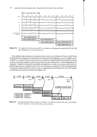 72     MICROCONTROLADORES «PIC». DISEÑO PRÁCTICO DE APLICACIONES




     En realidad, cada instrucción se ejecuta en dos ciclos: en el primero se lleva a cabo la fase
de búsqueda del código de la instrucción en la memoria del programa, y en el segundo se de-
codifica y se ejecuta (fase de ejecución). La estructura segmentada del procesador permite
realizar al mismo tiempo la fase de ejecución de una instrucción y la de búsqueda de la
siguiente. Cuando la instrucción ejecutada corresponde a un salto no se conoce cuál será la si-
guiente hasta que se complete, por eso en esta situación se sustituye la fase de búsqueda de
l a siguiente instrucción por un ciclo «vacío», originando que las instrucciones de salto tarden
en realizarse dos ciclos de instrucción (Figura 5.5).
 