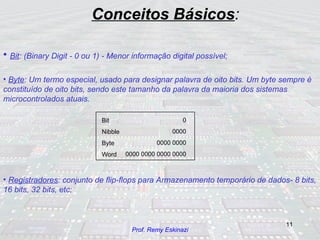 Bit : (Binary Digit - 0 ou 1) - Menor informação digital possível; Byte :  Um termo especial, usado para designar palavra de oito bits. Um byte sempre é constituído de oito bits, sendo este tamanho da palavra da maioria dos sistemas microcontrolados atuais. Registradores : conjunto de flip-flops para Armazenamento temporário de dados- 8 bits, 16 bits, 32 bits, etc; Conceitos Básicos : Bit Nibble Byte Word 0 0000 0000 0000 0000 0000 0000 0000 