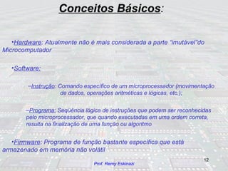 Conceitos Básicos : Hardware : Atualmente não é mais considerada a parte “imutável”do Microcomputador Software: Instrução : Comando específico de um microprocessador (movimentação de dados, operações aritméticas e lógicas, etc.); Programa:  Seqüência lógica de instruções que podem ser reconhecidas pelo microprocessador, que quando executadas em uma ordem correta, resulta na finalização de uma função ou algoritmo Firmware : Programa de função bastante específica que está armazenado em memória não volátil 