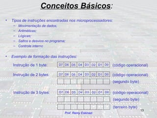 Conceitos Básicos : Tipos de instruções encontradas nos microprocessadores: Movimentação de dados; Aritméticas; Lógicas; Saltos e desvios no programa; Controle interno Exemplo de formação das instruções: D7 D6 D5 D4 D3 D2 D1 D0 Instrução de 1 byte: (código operacional) D7 D6 D5 D4 D3 D2 D1 D0 Instrução de 2 bytes: (código operacional) (segundo byte) D7 D6 D5 D4 D3 D2 D1 D0 Instrução de 3 bytes: (código operacional) (segundo byte) (terceiro byte) 