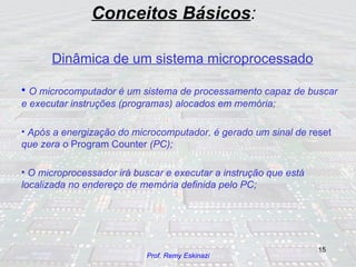 Conceitos Básicos : Dinâmica de um sistema microprocessado O microcomputador é um sistema de processamento capaz de buscar e executar instruções (programas) alocados em memória; Após a energização do microcomputador, é gerado um sinal de  reset  que zera o  Program Counter  (PC); O microprocessador irá buscar e executar a instrução que está localizada no endereço de memória definida pelo PC; 