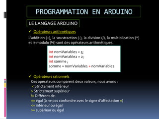 LE LANGAGE ARDUINO
PROGRAMMATION EN ARDUINO
 Opérateurs arithmétiques
L’addition (+), la soustraction (-), la division (/), la multiplication (*)
et le modulo (%) sont des opérateurs arithmétiques.
int nomVariable1 = 5;
int nomVariable2 = 2;
int somme ;
somme = nomVariable1 + nomVariable2
 Opérateurs rationnels
Ces opérateurs comparent deux valeurs, nous avons :
< Strictement inférieur
> Strictement supérieur
!= Différent de
== égal (à ne pas confondre avec le signe d’affectation =)
<= inférieur ou égal
>= supérieur ou égal
 