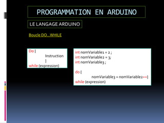 LE LANGAGE ARDUINO
PROGRAMMATION EN ARDUINO
Do {
Instruction
}
while (expression)
int nomVariable1 = 2 ;
int nomVariable2 = 3;
int nomVariable3 ;
do {
nomVariable3 = nomVariable2++}
while (expression)
Boucle DO…WHILE
 