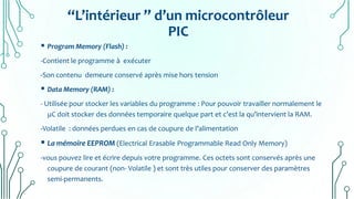 ‘‘L’intérieur ’’ d’un microcontrôleur
PIC
 Program Memory (Flash) :
-Contient le programme à exécuter
-Son contenu demeure conservé après mise hors tension
 Data Memory (RAM) :
- Utilisée pour stocker les variables du programme : Pour pouvoir travailler normalement le
μC doit stocker des données temporaire quelque part et c’est la qu’intervient la RAM.
-Volatile : données perdues en cas de coupure de l’alimentation
 La mémoire EEPROM (Electrical Erasable Programmable Read Only Memory)
-vous pouvez lire et écrire depuis votre programme. Ces octets sont conservés après une
coupure de courant (non- Volatile ) et sont très utiles pour conserver des paramètres
semi-permanents.
 