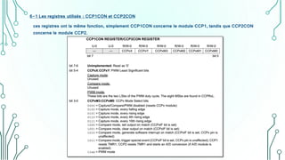 6-1 Les registres utilisés : CCP1CON et CCP2CON
ces registres ont la même fonction, simplement CCP1CON concerne le module CCP1, tandis que CCP2CON
concerne le module CCP2.
 