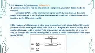 7-2-2 Mécanisme de fonctionnement (informative):
 Le mécanisme général n’est pas très compliqué à comprendre. Voyons tout d’abord du côté de
l’émetteur.
Le registre SSPSR , est tout simplement un registre qui effectue des décalages (Comme le
premier bit à envoyer est le bit 7, le registre devra décaler vers la gauche ). Le mécanisme se poursuit
jusqu’à ce que les 8 bits soient envoyés.
Côté récepteur, c’est évidemment le même genre de mécanisme. Le bit reçu sur la ligne SDI est entré
par le côté droit du même registre SSPSR, donc par le bit 0. Ce registre subit alors un décalage vers la
gauche qui fait passer ce bit en position b1. Le bit suivant sera alors reçu en position b0, et ainsi de
suite. Le dernier bit reçu entraîne automatiquement la copie de la donnée contenue dans SSPSR vers le
registre SSPBUF
 