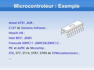 Microcontroleur : Exemple


Atmel AT91 ,AVR ;
C167 de Siemens/Infineon ;
Hitachi H8 ;
Intel 8051 ,8085
Freescale 68HC11 ,68HC08,68HC12 ;
PIC et dsPIC de Microchip ;
ST6, ST7, ST10, STR7, STR9 de STMicroelectronics ;
...
 