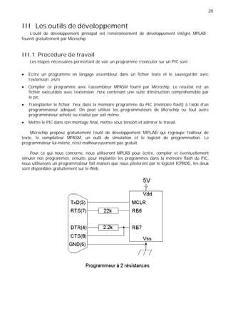 20
III Les outils de développement
L’outil de développement principal est l’environnement de développement intégré MPLAB
fournit gratuitement par Microchip
III.1 Procédure de travail
Les étapes nécessaires permettant de voir un programme s'exécuter sur un PIC sont :
Ecrire un programme en langage assembleur dans un fichier texte et le sauvegarder avec
l'extension .asm
Compiler ce programme avec l'assembleur MPASM fourni par Microchip. Le résultat est un
fichier exécutable avec l'extension .hex contenant une suite d'instruction compréhensible par
le pic.
Transplanter le fichier .hex dans la mémoire programme du PIC (mémoire flash) à l'aide d'un
programmateur adéquat. On peut utiliser les programmateurs de Microchip ou tout autre
programmateur acheté ou réalisé par soit même.
Mettre le PIC dans son montage final, mettre sous tension et admirer le travail.
Microchip propose gratuitement l'outil de développement MPLAB qui regroupe l'éditeur de
texte, le compilateur MPASM, un outil de simulation et le logiciel de programmation. Le
programmateur lui-même, n'est malheureusement pas gratuit.
Pour ce qui nous concerne, nous utiliseront MPLAB pour écrire, compiler et éventuellement
simuler nos programmes, ensuite, pour implanter les programmes dans la mémoire flash du PIC,
nous utiliserons un programmateur fait maison que nous piloteront par le logiciel ICPROG, les deux
sont disponibles gratuitement sur le Web.
 
