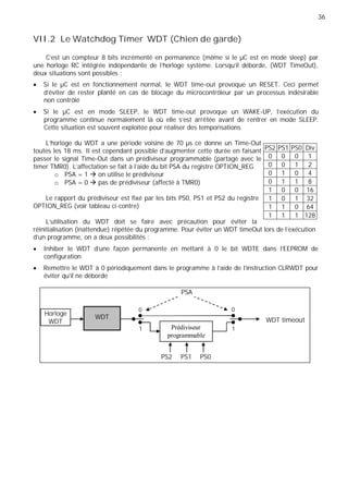 36
PS2 PS1 PS0 Div
0 0 0 1
0 0 1 2
0 1 0 4
0 1 1 8
1 0 0 16
1 0 1 32
1 1 0 64
1 1 1 128
VII.2 Le Watchdog Timer WDT (Chien de garde)
C’est un compteur 8 bits incrémenté en permanence (même si le µC est en mode sleep) par
une horloge RC intégrée indépendante de l'horloge système. Lorsqu’il déborde, (WDT TimeOut),
deux situations sont possibles :
Si le µC est en fonctionnement normal, le WDT time-out provoque un RESET. Ceci permet
d’éviter de rester planté en cas de blocage du microcontrôleur par un processus indésirable
non contrôlé
Si le µC est en mode SLEEP, le WDT time-out provoque un WAKE-UP, l'exécution du
programme continue normalement là où elle s'est arrêtée avant de rentrer en mode SLEEP.
Cette situation est souvent exploitée pour réaliser des temporisations
L'horloge du WDT a une période voisine de 70 µs ce donne un Time-Out
toutes les 18 ms. Il est cependant possible d'augmenter cette durée en faisant
passer le signal Time-Out dans un prédiviseur programmable (partagé avec le
timer TMR0). L'affectation se fait à l'aide du bit PSA du registre OPTION_REG
o PSA = 1 on utilise le prédiviseur
o PSA = 0 pas de prédiviseur (affecté à TMR0)
Le rapport du prédiviseur est fixé par les bits PS0, PS1 et PS2 du registre
OPTION_REG (voir tableau ci-contre)
L'utilisation du WDT doit se faire avec précaution pour éviter la
réinitialisation (inattendue) répétée du programme. Pour éviter un WDT timeOut lors de l'exécution
d'un programme, on a deux possibilités :
Inhiber le WDT d'une façon permanente en mettant à 0 le bit WDTE dans l'EEPROM de
configuration
Remettre le WDT à 0 périodiquement dans le programme à l'aide de l'instruction CLRWDT pour
éviter qu'il ne déborde
PSA
Horloge
WDT
WDT
0 0
1 Prédiviseur 1
programmable
WDT timeout
PS2 PS1 PS0
 