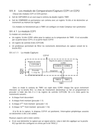 39
CCPR1H CCPR1L
VII.4 Les module de Comparaison/Capture CCP1 et CCP2
Chacun des modules CCP1 et CCP2 permet :
Soit de CAPTURER en un seul coup le contenu du double registre TMR1
Soit de COMPARER en permanence son contenu avec un registre 16 bits et de déclencher un
événement au moment de l’égalité.
Ces modules ne fonctionnent pas si TMR1 est configuré en mode Compteur non synchronisé
VII.4.1 Le module CCP1
Ce module est constitué de :
Un registre 16 bits CCPR1 utilisé pour la capture ou la comparaison de TMR1. Il est accessible
par sa partie basse CCP1L et sa partie haute CCP1H
Un registre de contrôle 8 bits CCP1CON.
Un prédiviseur permettant de filtrer les événements déclencheurs de capture venant de la
broche RC2
VII.4.1.1 Le mode Capture
CCP1IF
Registre de control
CCP1CON
Registre de capture et comparaison
CCPR1
RC2 Prescaler
1, 4 ou 16
chargement
TMR1H TMR1L
TMR1
Dans ce mode le contenu de TMR1 est copié dans CCPR1 chaque fois qu'un événement
intervient sur la broche RC2. Le choix de l'événement déclencheur se fait en programmant le
prescaler à l’aide des bits 0 à 3 du registre de contrôle CCP1CON. On a le choix parmi les
événements suivants :
A chaque front descendant
A chaque front montant (prescaler 1:1)
A chaque 4ème
front montant (prescaler 1:4)
A chaque 16ème
front montant (prescaler 1:16)
A la fin de la capture, le drapeau CCP1IF est positionné, l'interruption périphérique associée
est déclenchée si elle a été validée.
Plusieurs aspects sont à noter comme :
Si on veut déclencher la capture par un signal externe, celui-ci doit être appliqué sur la proche
RC2 qui doit être configurée en entrée par le bit TRISC,2
 