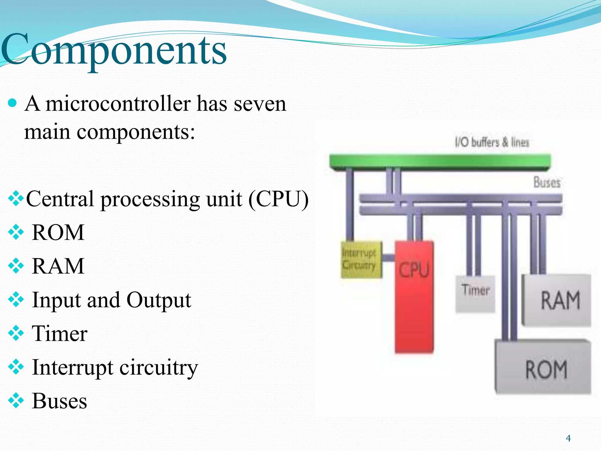 Components
 A microcontroller has seven
main components:
Central processing unit (CPU)
 ROM
 RAM
 Input and Output
 Timer
 Interrupt circuitry
 Buses
4
 