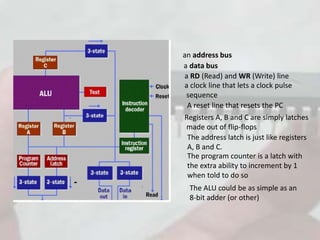 an address bus
a data bus
a RD (Read) and WR (Write) line
a clock line that lets a clock pulse
sequence
A reset line that resets the PC
Registers A, B and C are simply latches
made out of flip-flops
The address latch is just like registers
A, B and C.
The program counter is a latch with
the extra ability to increment by 1
when told to do so
The ALU could be as simple as an
8-bit adder (or other)
 
