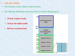  128 byte RAM:
 This memory is also called as data memory.
 The 128 byte RAM (data memory) which is further distributed as:
• 32-byte register bank
• 16-byte bit addressable
• 80-byte scratched pad
 