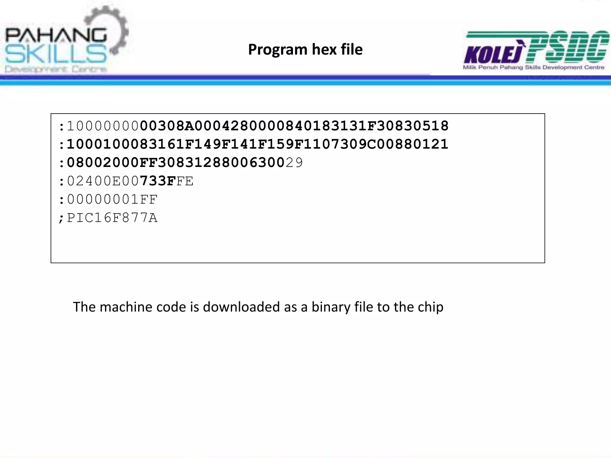 Program hex file
:1000000000308A0004280000840183131F30830518
:1000100083161F149F141F159F1107309C00880121
:08002000FF3083128800630029
:02400E00733FFE
:00000001FF
;PIC16F877A
The machine code is downloaded as a binary file to the chip
 