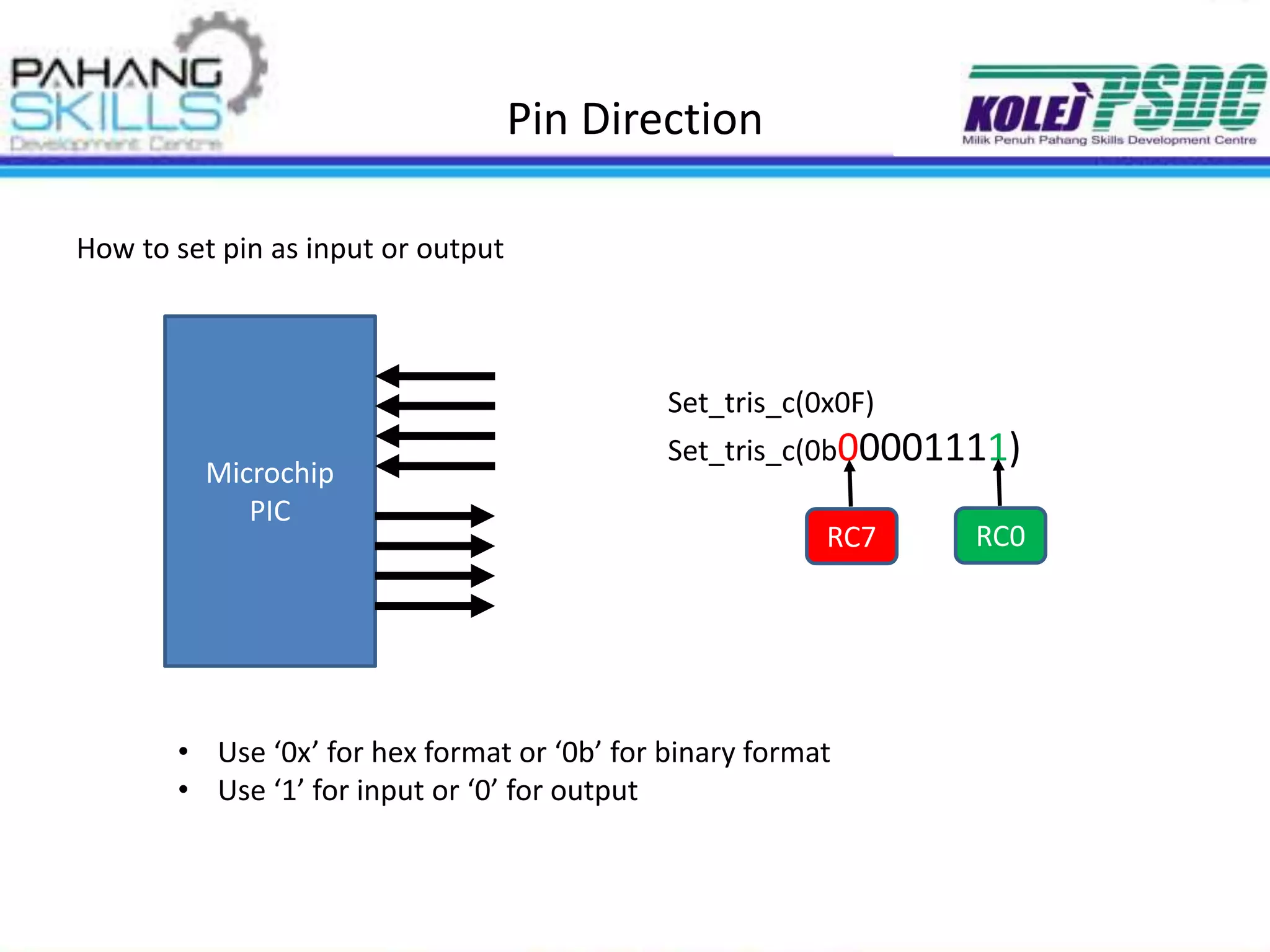 Pin Direction
How to set pin as input or output
Microchip
PIC
Set_tris_c(0x0F)
Set_tris_c(0b00001111)
RC7 RC0
• Use ‘0x’ for hex format or ‘0b’ for binary format
• Use ‘1’ for input or ‘0’ for output
 