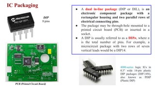 IC Packaging
DIP
8 pins
PCB (Printed Circuit Board)
● A dual in-line package (DIP or DIL), is an
electronic component package with a
rectangular housing and two parallel rows of
electrical connecting pins.
● The package may be through-hole mounted to a
printed circuit board (PCB) or inserted in a
socket.
● A DIP is usually referred to as a DIPn, where n
is the total number of pins. For example, a
microcircuit package with two rows of seven
vertical leads would be a DIP14.
4000-series logic ICs in
0.3" wide 14-pin plastic
DIP packages (DIP-14N),
also known as PDIP
(Plastic DIP)
 