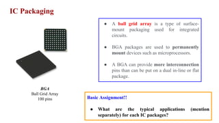 IC Packaging
BGA
Ball Grid Array
100 pins
● A ball grid array is a type of surface-
mount packaging used for integrated
circuits.
● BGA packages are used to permanently
mount devices such as microprocessors.
● A BGA can provide more interconnection
pins than can be put on a dual in-line or flat
package.
Basic Assignment!!
● What are the typical applications (mention
separately) for each IC packages?
 