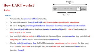 How UART works?
Packet
PARITY
● Parity describes the evenness or oddness of a number.
● The parity bit is a way for the receiving UART to tell if any data has changed during transmission.
● Bits can be changed by electromagnetic radiation, mismatched baud rates, or long distance data transfers.
● After the receiving UART reads the data frame, it counts the number of bits with a value of 1 and checks if the
total is an even or odd number.
● If the parity bit is a 0 (even parity), the 1 bits in the data frame should total to an even number. If the parity bit is a 1
(odd parity), the 1 bits in the data frame should total to an odd number.
● When the parity bit matches the data, the UART knows that the transmission was free of errors. But if the parity
bit is a 0, and the total is odd; or the parity bit is a 1, and the total is even, the UART knows that bits in the data
frame have changed.
 
