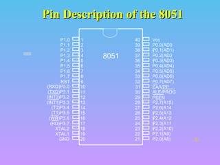 Pin Description of the 8051Pin Description of the 8051
1
2
3
4
5
6
7
8
9
10
11
12
13
14
15
16
17
18
19
20
40
39
38
37
36
35
34
33
32
31
30
29
28
27
26
25
24
23
22
21
P1.0
P1.1
P1.2
P1.3
P1.4
P1.5
P1.6
P1.7
RST
(RXD)P3.0
(TXD)P3.1
(T0)P3.4
(T1)P3.5
XTAL2
XTAL1
GND
(INT0)P3.2
(INT1)P3.3
(RD)P3.7
(WR)P3.6
Vcc
P0.0(AD0
)P0.1(AD1)
P0.2(AD2
)P0.3(AD3)
P0.4(AD4)
P0.5(AD5)
P0.6(AD6)
P0.7(AD7)
EA/VPP
ALE/PROG
PSEN
P2.7(A15)
P2.6(A14
)P2.5(A13
)P2.4(A12
)P2.3(A11
)P2.2(A10)
P2.1(A9)
P2.0(A8)
8051

 