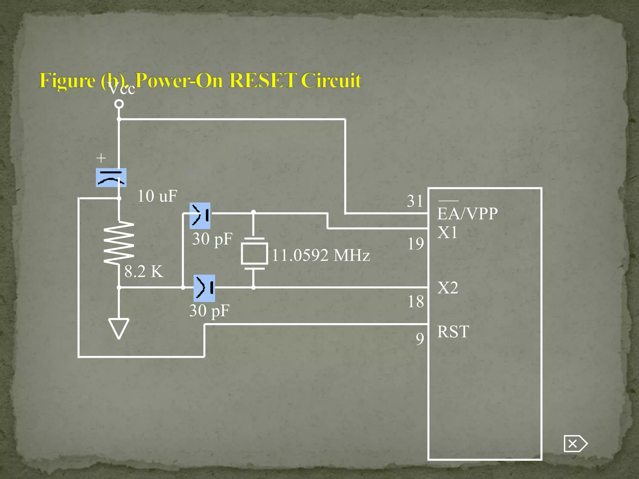 30 pF
30 pF
8.2 K
10 uF
+
Vcc
11.0592 MHz
EA/VPP
X1
X2
RST
31
19
18
9

 