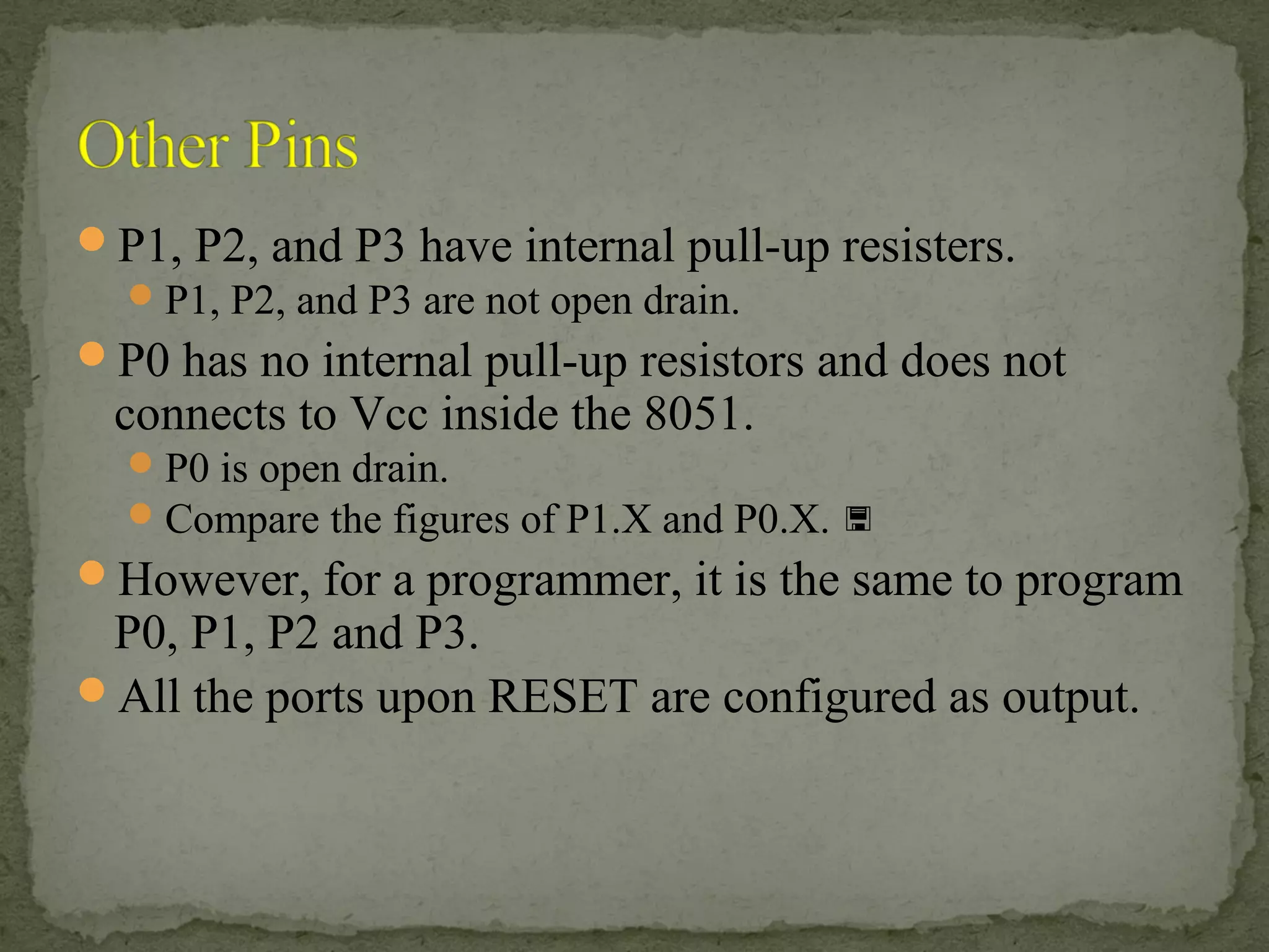 P1, P2, and P3 have internal pull-up resisters.
P1, P2, and P3 are not open drain.
P0 has no internal pull-up resistors and does not
connects to Vcc inside the 8051.
P0 is open drain.
Compare the figures of P1.X and P0.X. 
However, for a programmer, it is the same to program
P0, P1, P2 and P3.
All the ports upon RESET are configured as output.
 