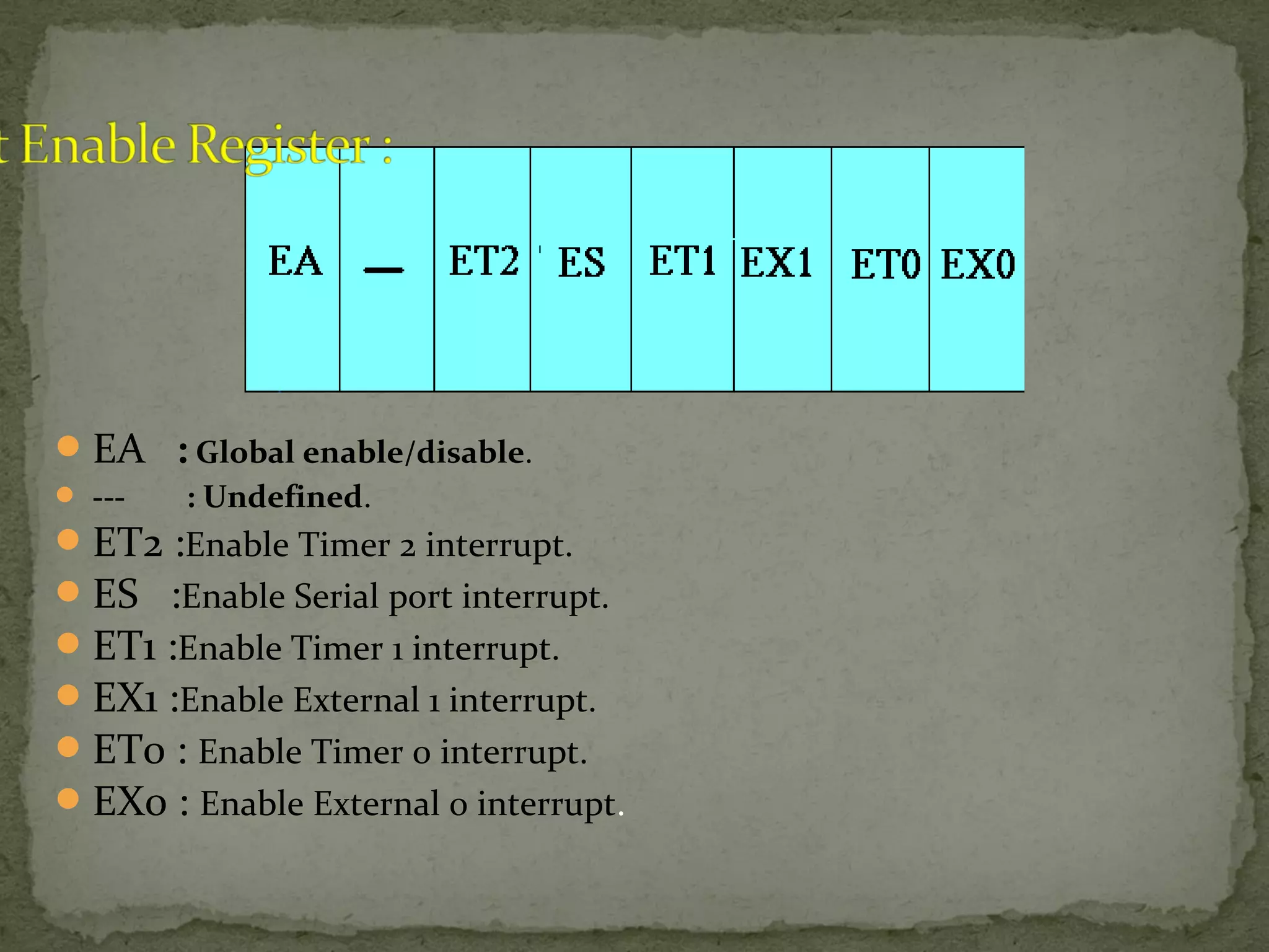 EA : Global enable/disable.
 --- : Undefined.
ET2 :Enable Timer 2 interrupt.
ES :Enable Serial port interrupt.
ET1 :Enable Timer 1 interrupt.
EX1 :Enable External 1 interrupt.
ET0 : Enable Timer 0 interrupt.
EX0 : Enable External 0 interrupt.
 