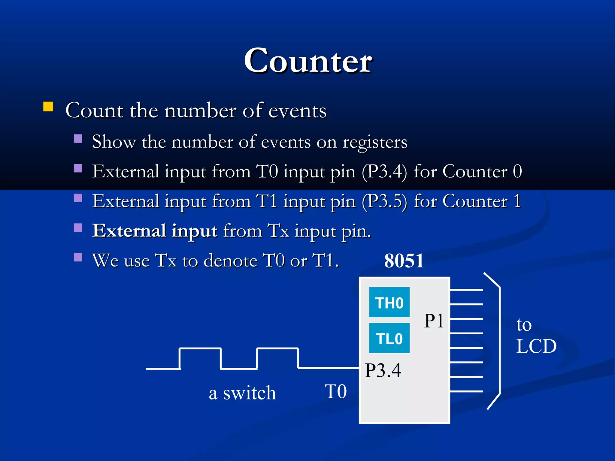 CounterCounter
 Count the number of eventsCount the number of events
 Show the number of events on registersShow the number of events on registers
 External input from T0 input pin (P3.4) for Counter 0External input from T0 input pin (P3.4) for Counter 0
 External input from T1 input pin (P3.5) for Counter 1External input from T1 input pin (P3.5) for Counter 1
 External inputExternal input from Tx input pin.from Tx input pin.
 We use Tx to denote T0 or T1.We use Tx to denote T0 or T1.
T0
to
LCD
P3.4
P1
8051
a switch
TL0
TH0
 