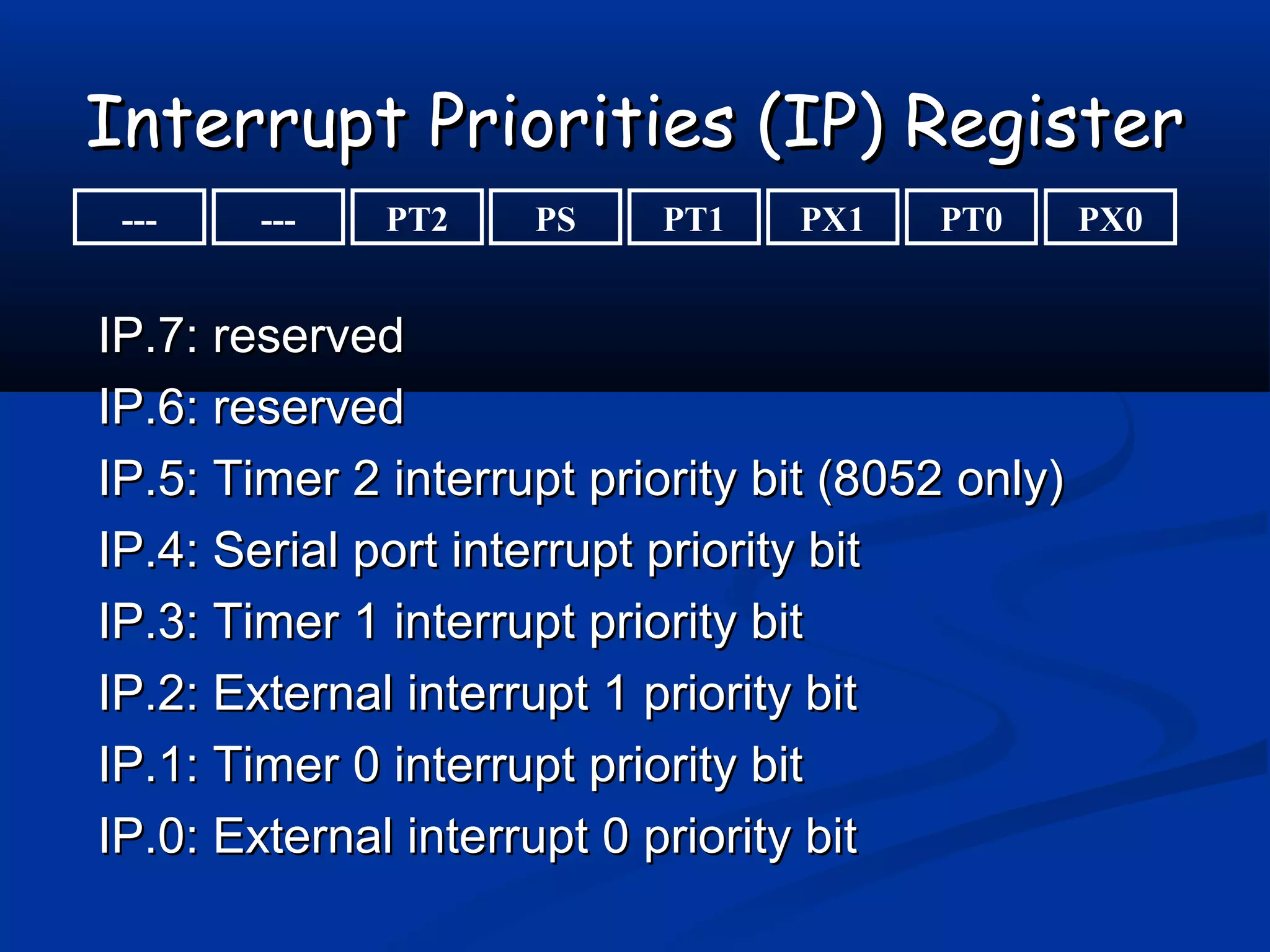 Interrupt Priorities (IP) RegisterInterrupt Priorities (IP) Register
IP.7: reservedIP.7: reserved
IP.6: reservedIP.6: reserved
IP.5: Timer 2 interrupt priority bit (8052 only)IP.5: Timer 2 interrupt priority bit (8052 only)
IP.4: Serial port interrupt priority bitIP.4: Serial port interrupt priority bit
IP.3: Timer 1 interrupt priority bitIP.3: Timer 1 interrupt priority bit
IP.2: External interrupt 1 priority bitIP.2: External interrupt 1 priority bit
IP.1: Timer 0 interrupt priority bitIP.1: Timer 0 interrupt priority bit
IP.0: External interrupt 0 priority bitIP.0: External interrupt 0 priority bit
--- PX0PT0PX1PT1PSPT2---
 