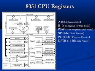 8051 CPU Registers8051 CPU Registers
A (8-bit Accumulator)
B (8-bit register for Mul &Div)
PSW (8-bit Program Status Word)...
