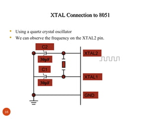 XTAL Connection to 8051
 Using a quartz crystal oscillator
 We can observe the frequency on the XTAL2 pin.
C2
XTAL2
30pF
C1
XTAL1
30pF
GND

16

 