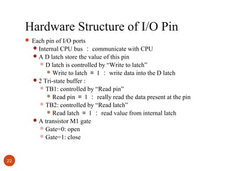Hardware Structure of I/O Pin
 Each pin of I/O ports
 Internal CPU bus ： communicate with CPU
 A D latch store the value of this pin
 D latch is controlled by “Write to latch”

to latch ＝ 1 ： write data into the D latch
 2 Tri-state buffer :
 TB1: controlled by “Read pin”
 Read pin ＝ 1 ： really read the data present at the pin
 TB2: controlled by “Read latch”
 Read latch ＝ 1 ： read value from internal latch
 A transistor M1 gate
 Gate=0: open
 Gate=1: close
 Write

22

 