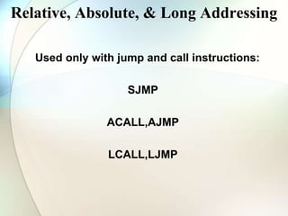 Relative, Absolute, & Long Addressing
Used only with jump and call instructions:
SJMP
ACALL,AJMP
LCALL,LJMP
 
