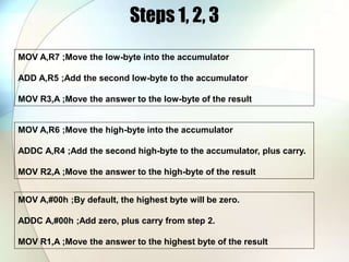 Steps 1, 2, 3
MOV A,R7 ;Move the low-byte into the accumulator
ADD A,R5 ;Add the second low-byte to the accumulator
MOV R3,A ;Move the answer to the low-byte of the result
MOV A,R6 ;Move the high-byte into the accumulator
ADDC A,R4 ;Add the second high-byte to the accumulator, plus carry.
MOV R2,A ;Move the answer to the high-byte of the result
MOV A,#00h ;By default, the highest byte will be zero.
ADDC A,#00h ;Add zero, plus carry from step 2.
MOV R1,A ;Move the answer to the highest byte of the result
 
