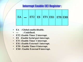 Interrupt Enable (IE) Register :
• EA : Global enable/disable.
• --- : Undefined.
• ET2 :Enable Timer 2 interrupt.
• ES :Enable Serial port interrupt.
• ET1 :Enable Timer 1 interrupt.
• EX1 :Enable External 1 interrupt.
• ET0 : Enable Timer 0 interrupt.
• EX0 : Enable External 0 interrupt.
 
