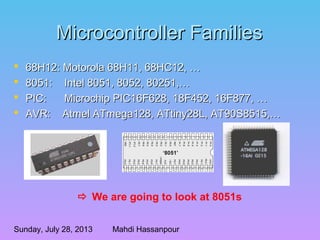 Sunday, July 28, 2013 Mahdi Hassanpour
Microcontroller FamiliesMicrocontroller Families
 68H12: Motorola 68H11, 68HC12, …68H12: Motorola 68H11, 68HC12, …
 8051: Intel 8051, 8052, 80251,…8051: Intel 8051, 8052, 80251,…
 PIC: Microchip PIC16F628, 18F452, 16F877, …PIC: Microchip PIC16F628, 18F452, 16F877, …
 AVR: Atmel ATmega128, ATtiny28L, AT90S8515,…AVR: Atmel ATmega128, ATtiny28L, AT90S8515,…
 We are going to look at 8051s
 