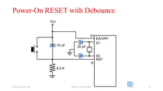 Power-On RESET with Debounce
EA/VPP
X1
X2
RST
Vcc
10 uF
8.2 K
30 pF
9
31
Tuesday, July 14, 2015 Robotics Club, IOE, WRC 13
 